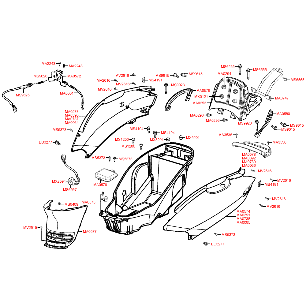 F13 rear body parts & under seat storage / helmet compartment